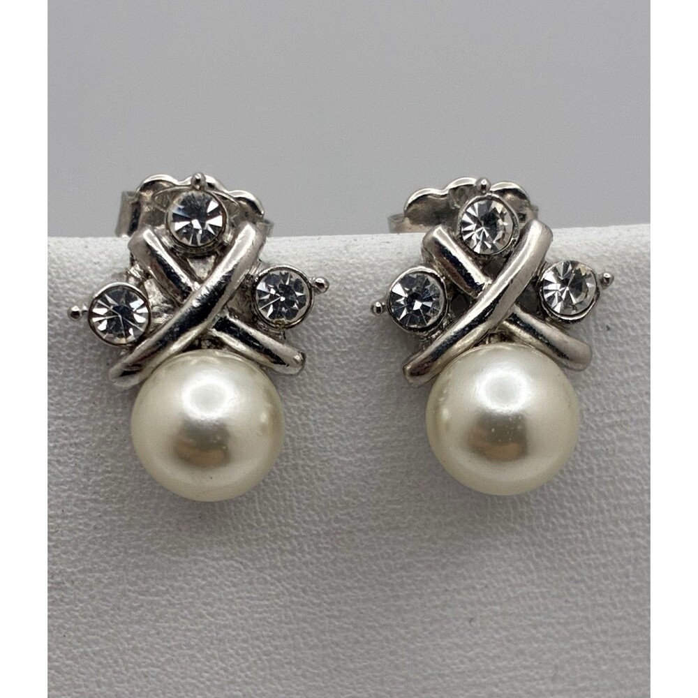 Avon Demi Silver Tone Simulated Pearl Clear Rhinestone Earrings